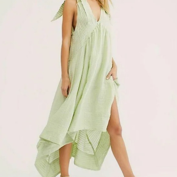 Free People Celine Shapeless Midi Dress w/Asymmetrical Handkerchief Hem Honeydew - Picture 1 of 7